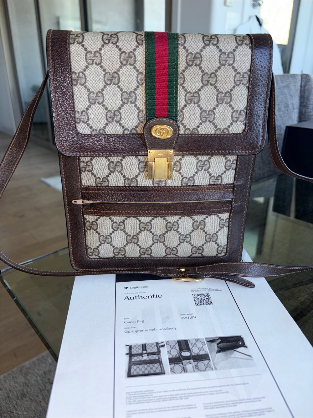 Gucci Beige GG Supreme Messenger Bag with Brown Trim and Green-Red Stripe/ COA